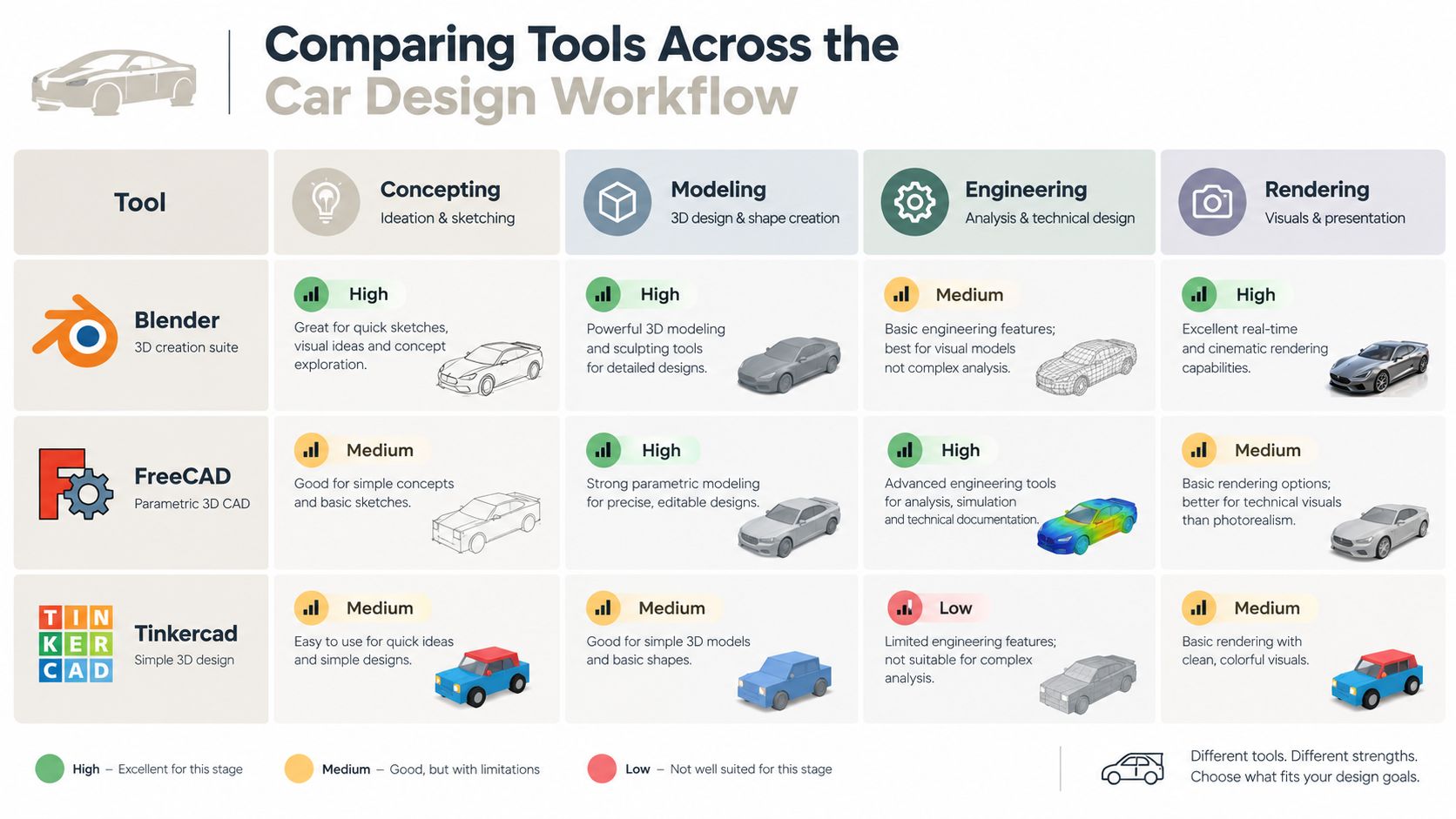 A comparison chart showing how Blender, FreeCAD, and Tinkercad perform in various stages of car design workflow.