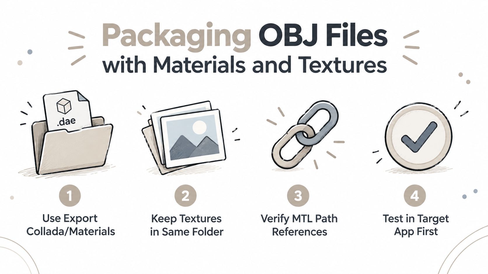 A four-step infographic showing how to package OBJ files with materials and textures for 3D modeling.