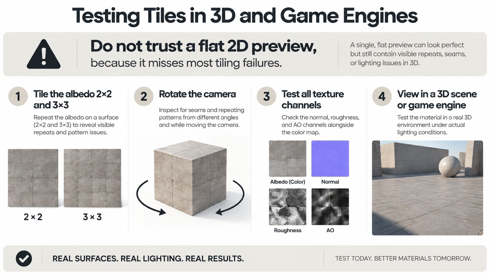 An infographic showing four essential steps for testing seamless textures in 3D environments and game engines.