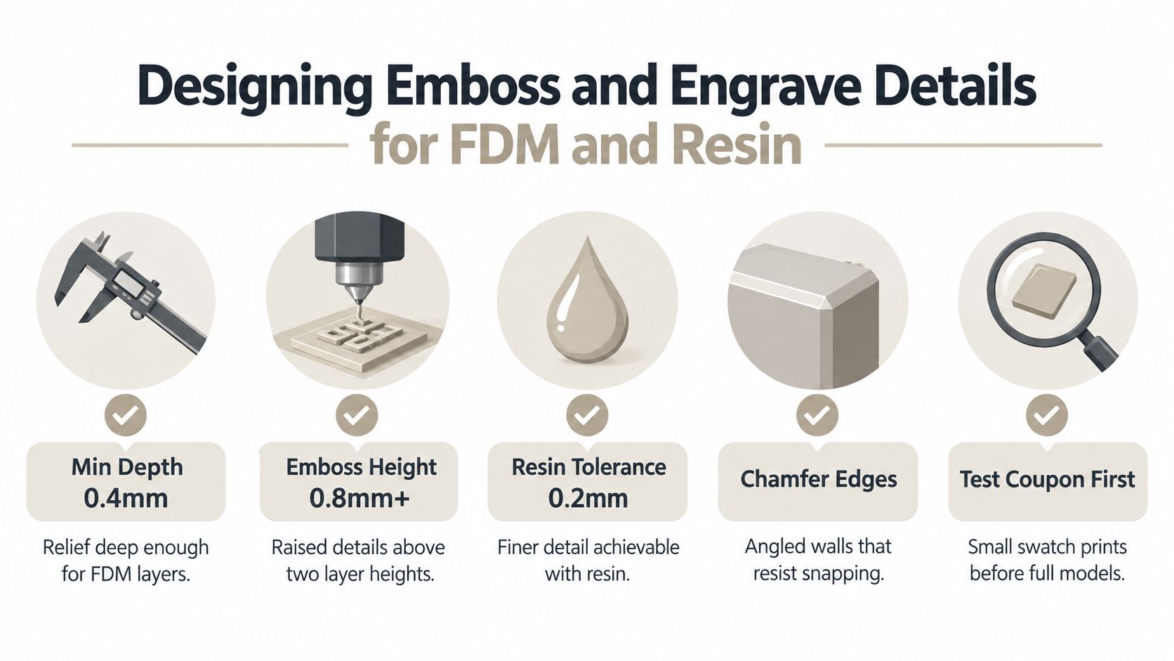 An infographic illustrating tips for designing embossed and engraved details in 3D printing with FDM and resin.