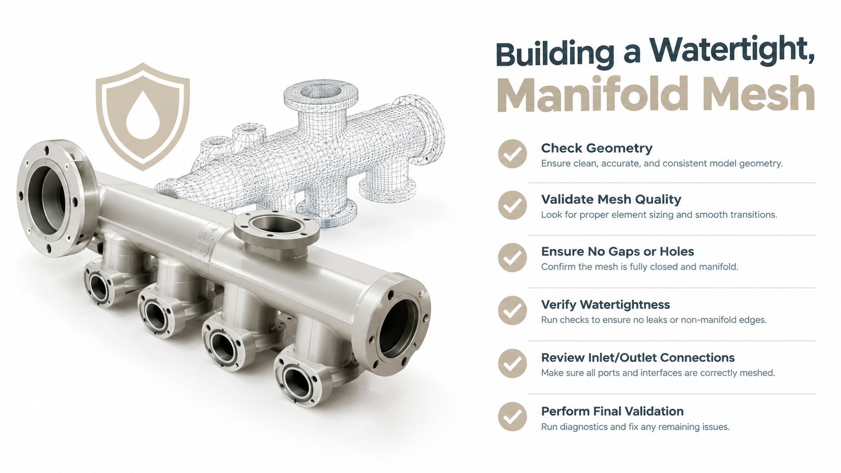 A 3D industrial pipe manifold model displayed with wireframe and rendered views, alongside a checklist for creating watertight meshes.