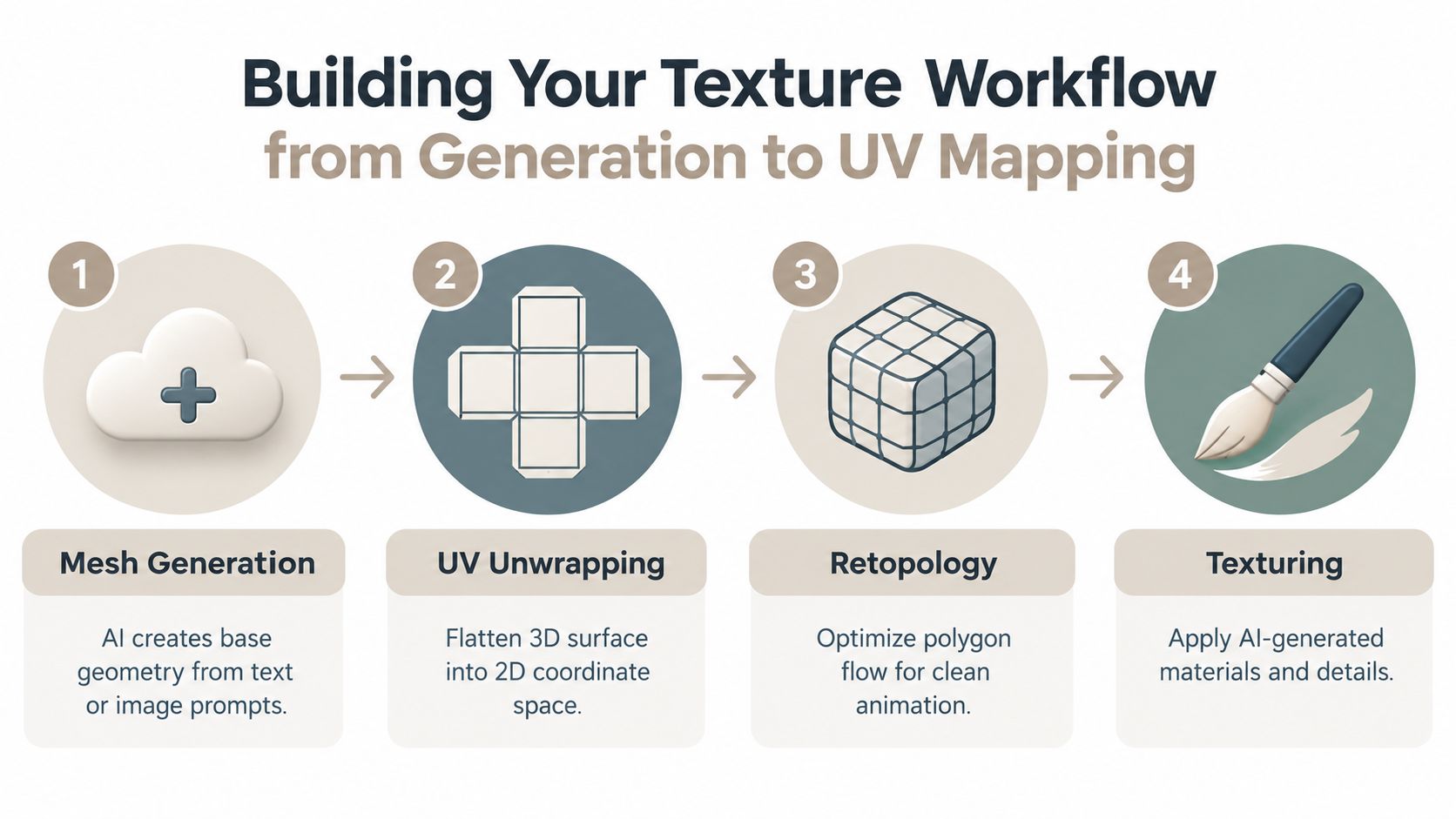 A diagram outlining a four-step 3D workflow process from mesh generation to final texturing and UV mapping.