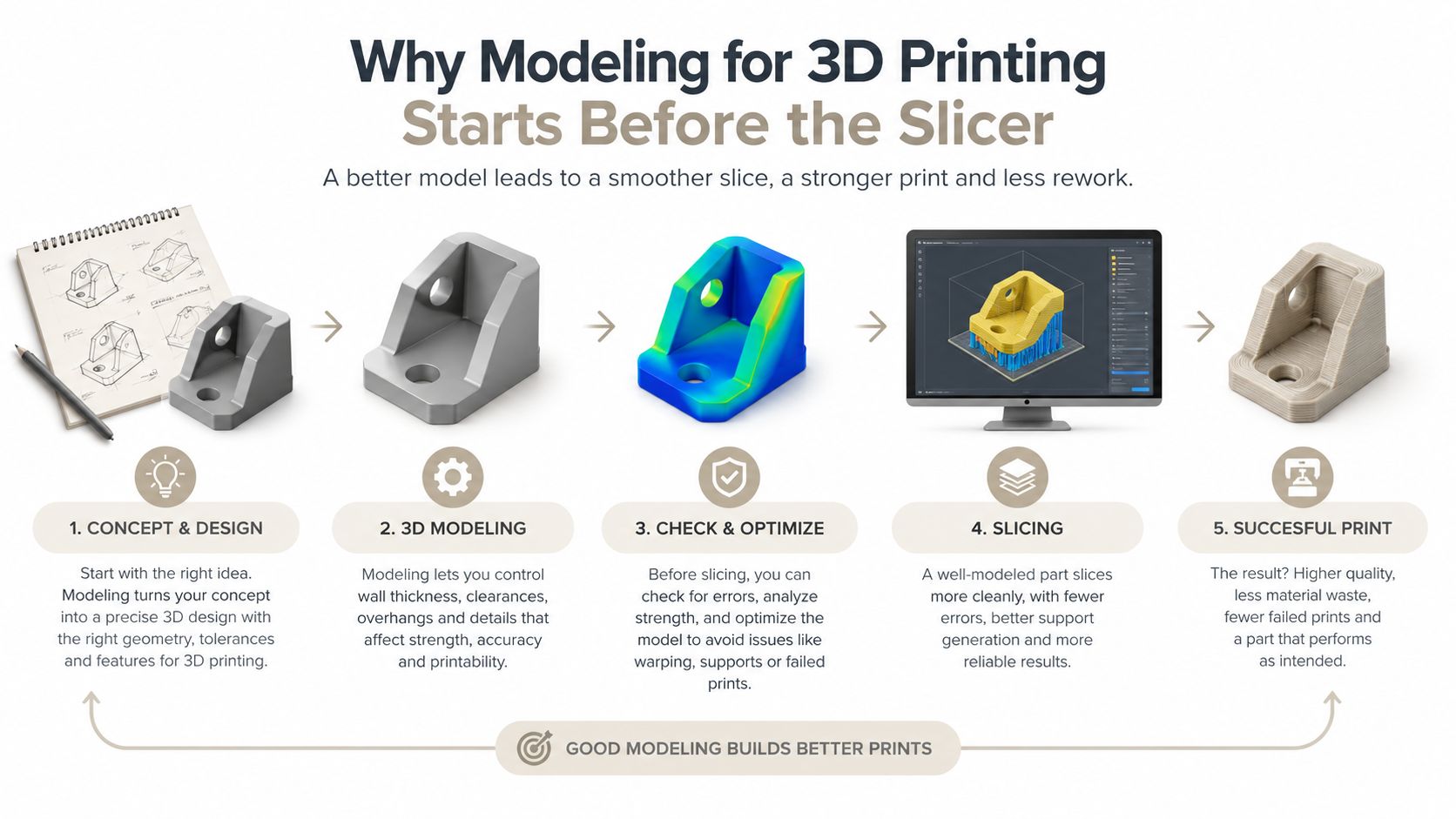 An infographic showing the five stages of 3D printing workflow, from concept and design to final successful print.
