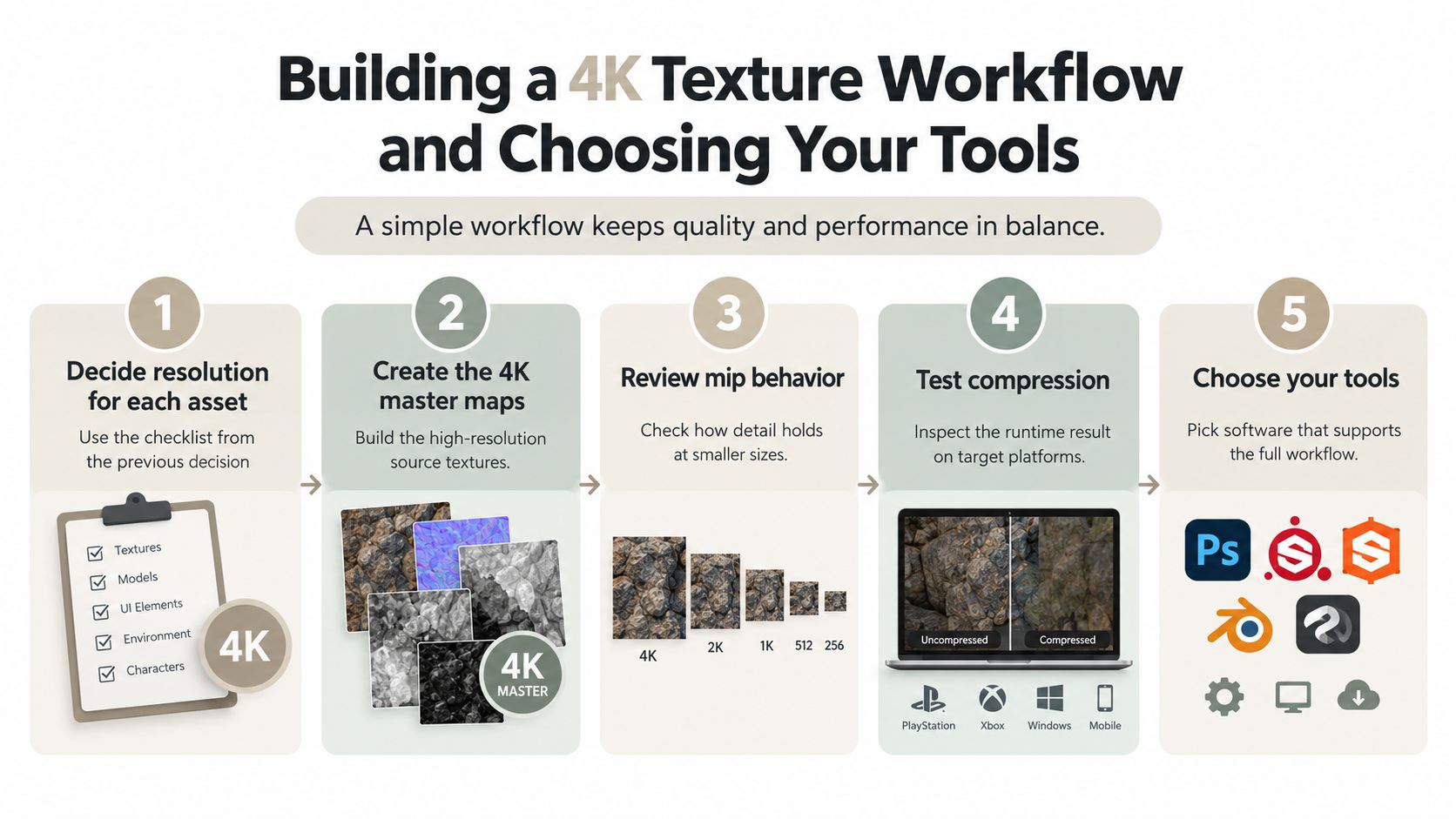 A step-by-step infographic illustrating a workflow for managing 4K textures in digital game development projects.