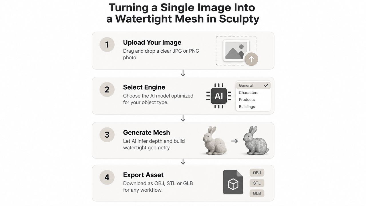 A four-step infographic showing how Sculpty AI converts a 2D image into a 3D printable mesh.