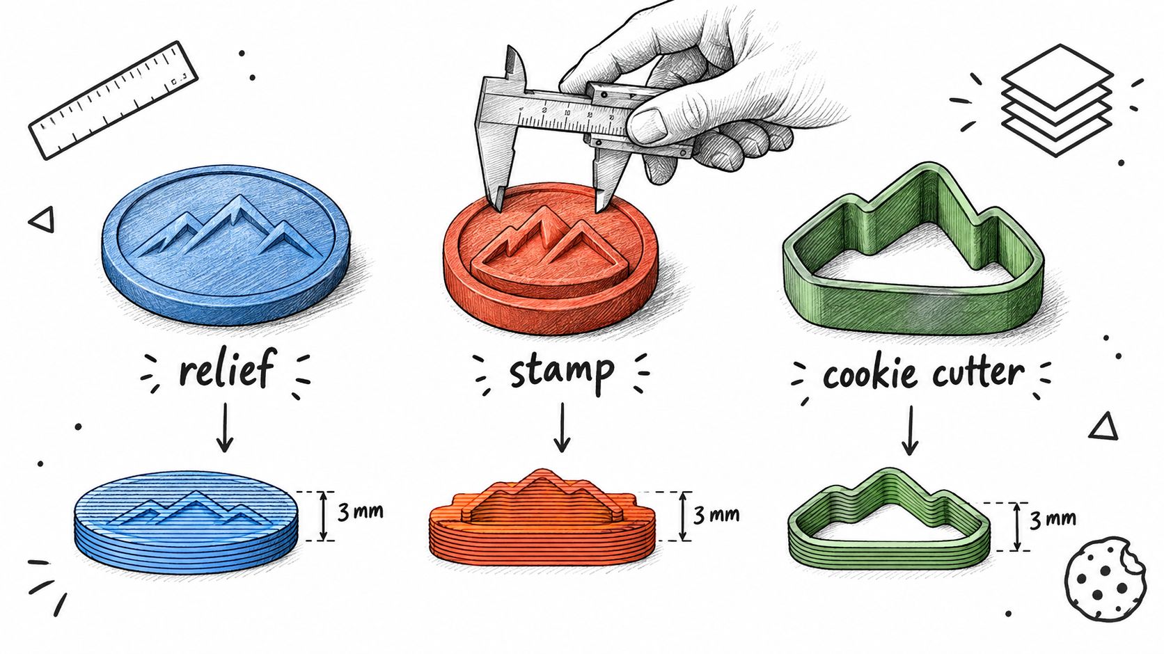 A diagram comparing three 3D printed objects: a mountain relief, a stamp, and a mountain cookie cutter.