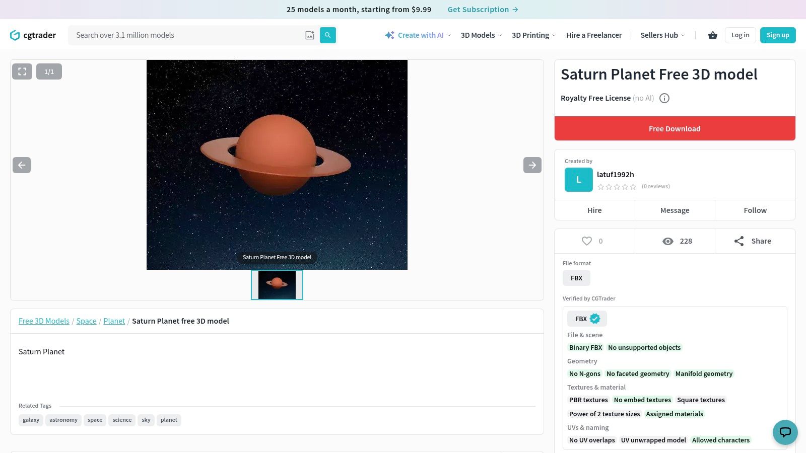 CGTrader, Free Saturn Planet Model