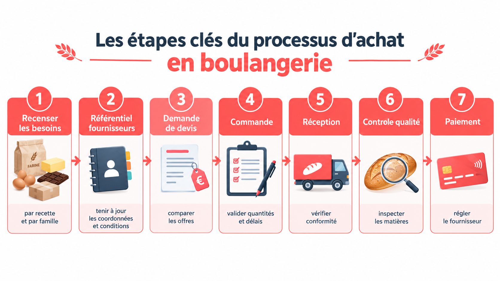 Infographie illustrant les sept étapes clés du processus d'achat pour une boulangerie, du besoin au paiement.