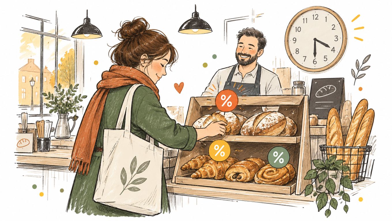 Une cliente choisit du pain dans une boulangerie engagée dans une démarche anti-gaspillage avec des étiquettes de réduction.