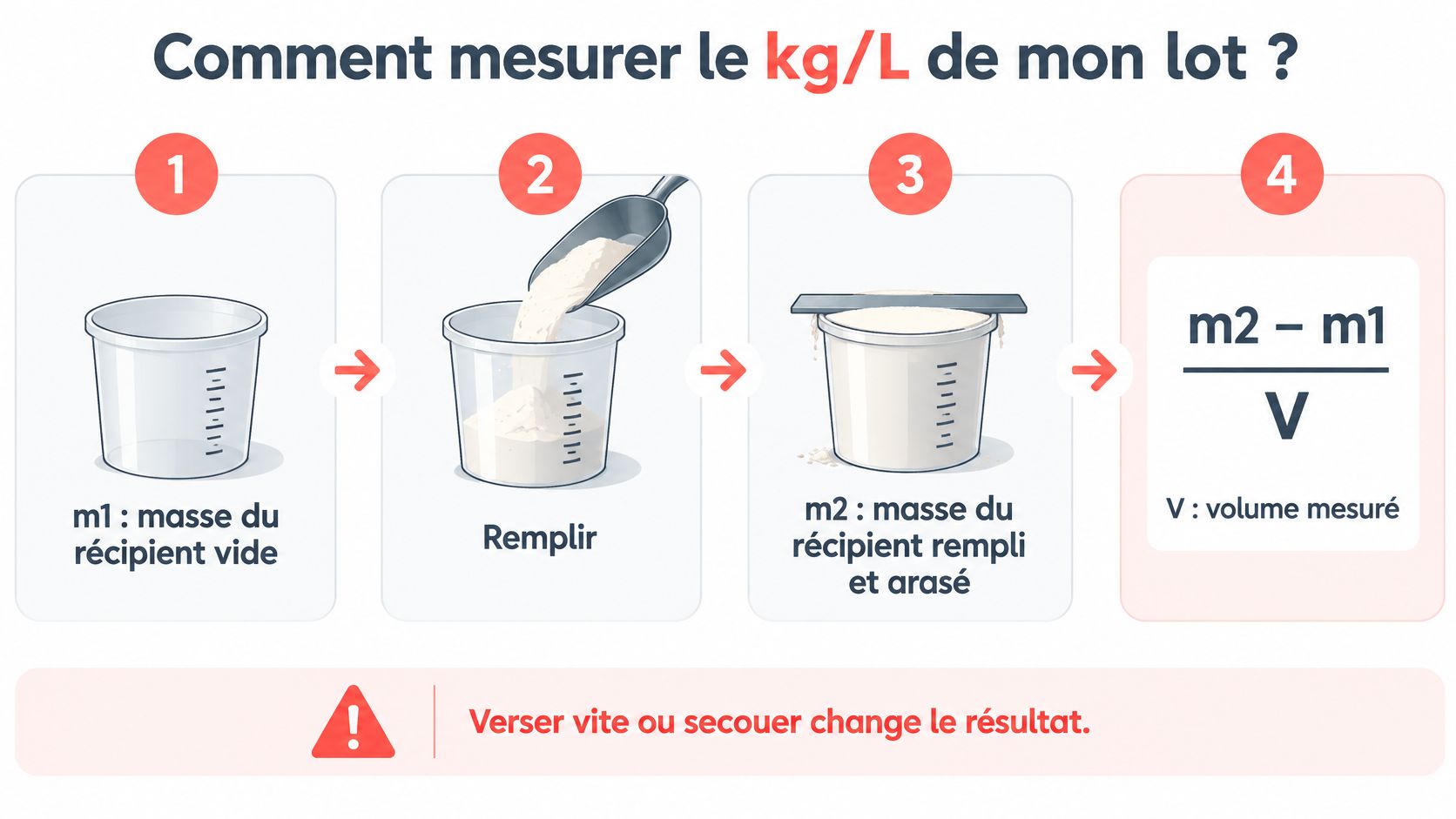 Infographie expliquant comment calculer la masse volumique d'un produit en quatre étapes simples avec un récipient.