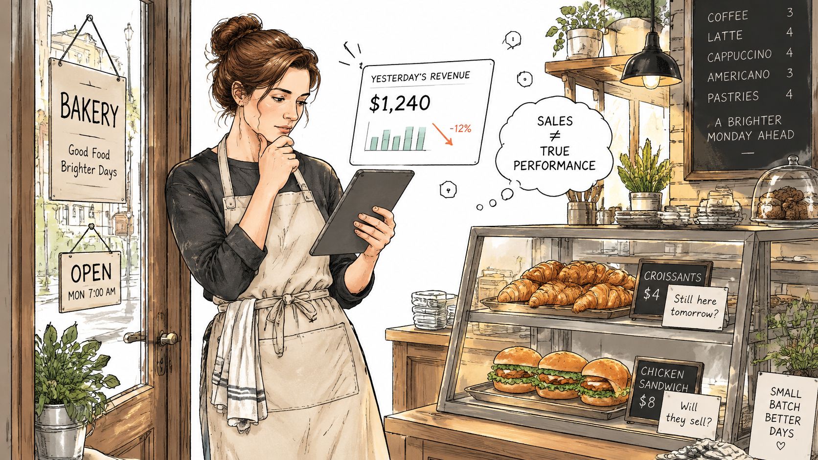 Une boulangère pensive regarde une tablette numérique affichant ses revenus avec un graphique en baisse dans sa boutique.