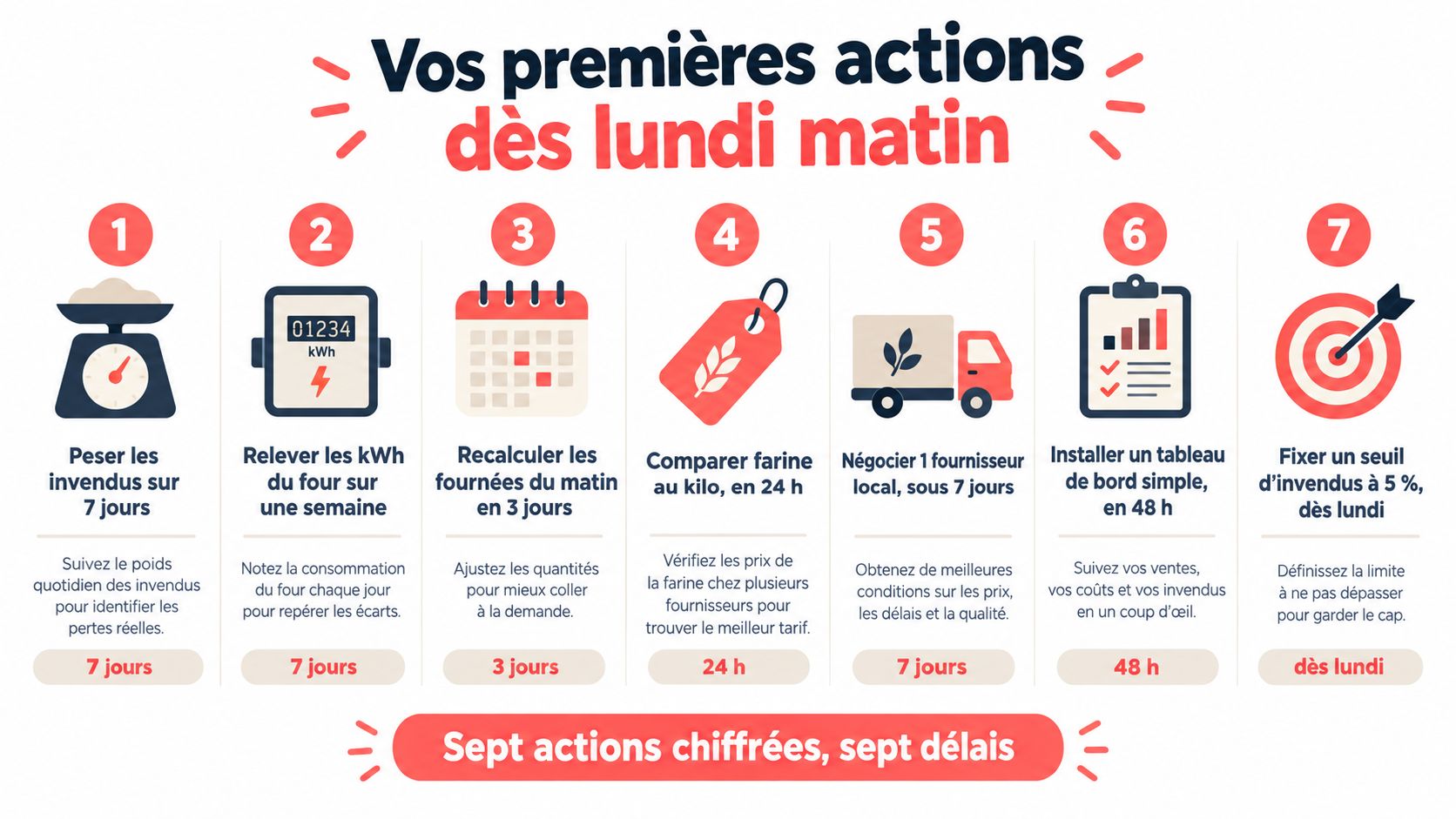 Infographie présentant sept étapes clés pour optimiser la gestion d'une boulangerie artisanale avec des délais précis.