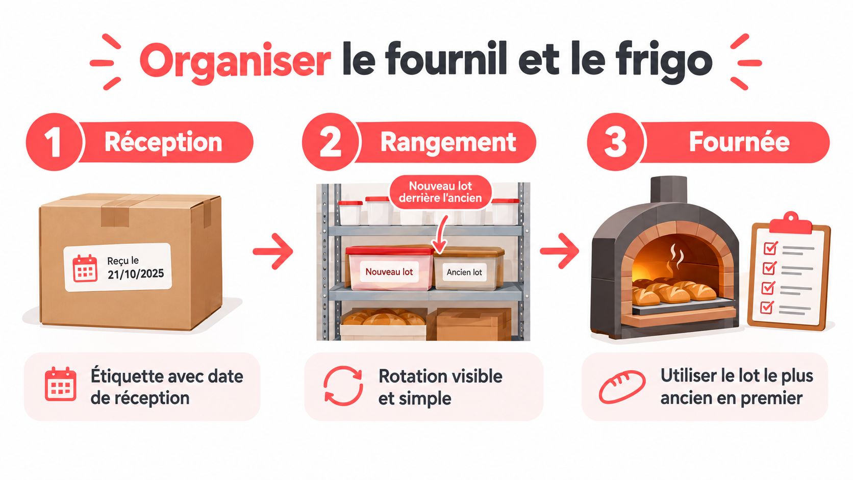 Infographie illustrant les étapes de gestion des stocks avec la méthode FIFO pour un fournil professionnel.