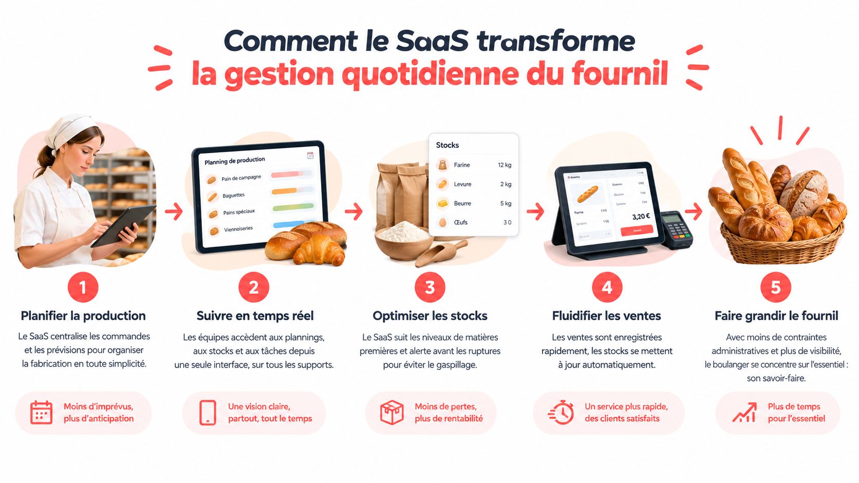 Une infographie illustrant les cinq étapes de la transformation de la gestion quotidienne d'une boulangerie par un logiciel SaaS.