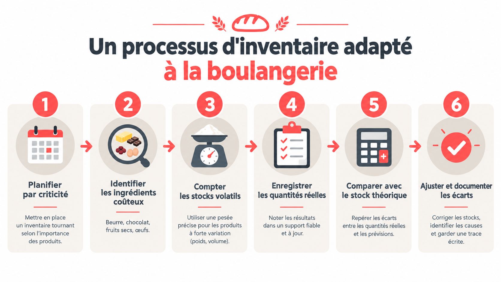 Une infographie illustrant un processus d'inventaire en six étapes clés adapté aux besoins des boulangeries professionnelles.