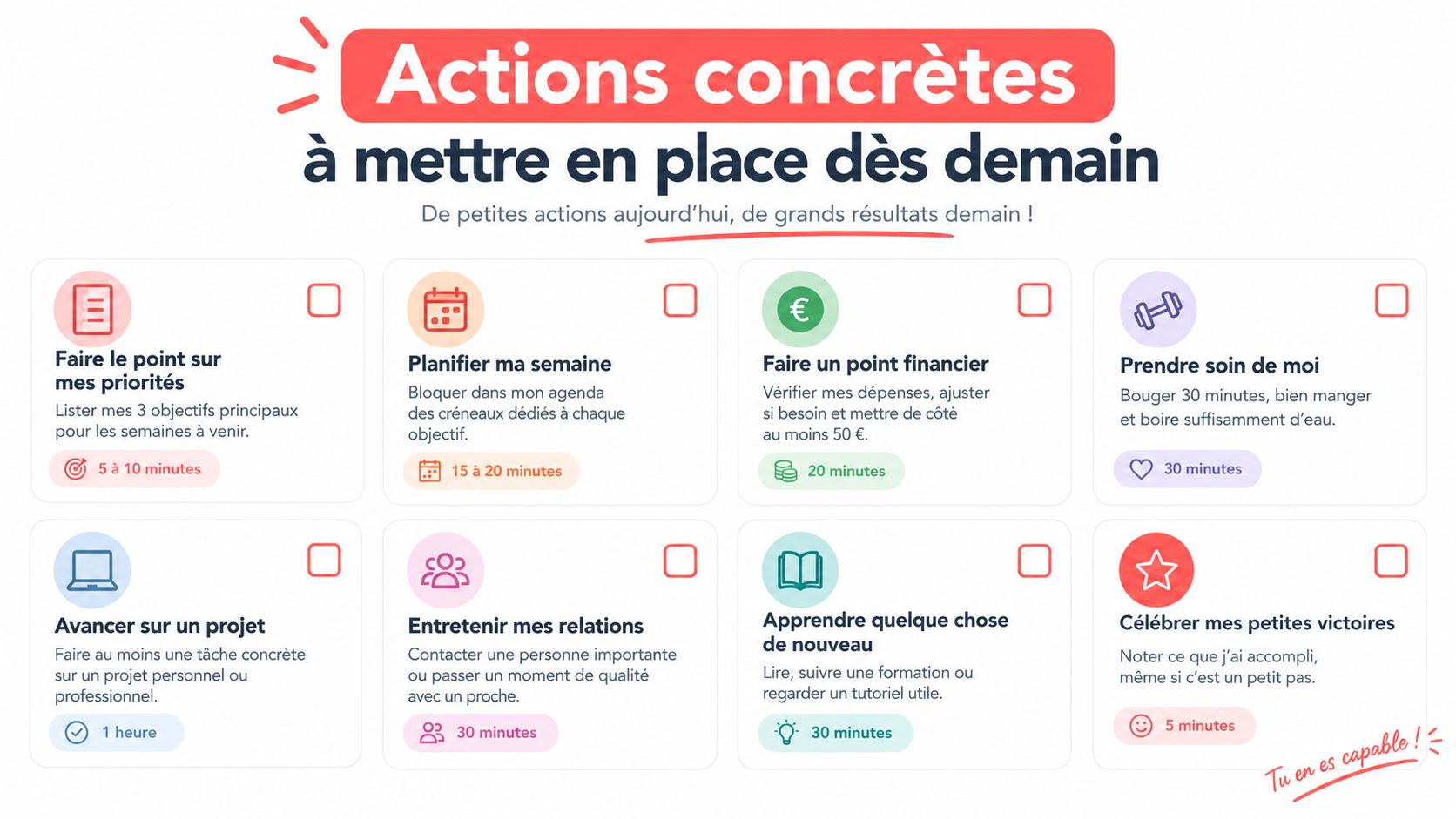 Infographie listant des conseils et actions quotidiennes pour améliorer son organisation personnelle et son bien-être.