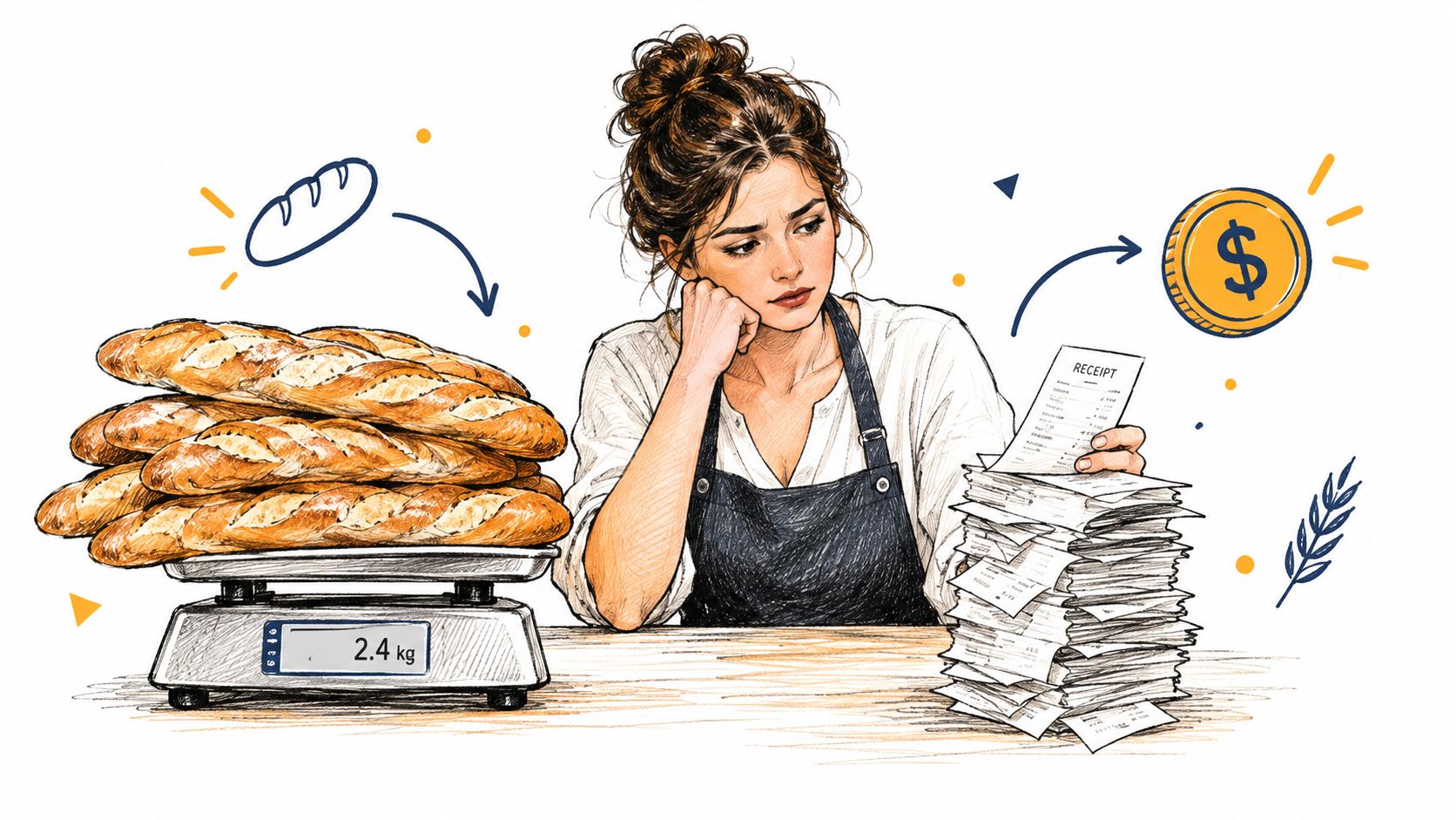 Une boulangère soucieuse regarde une pile de factures devant une balance avec des baguettes de pain.
