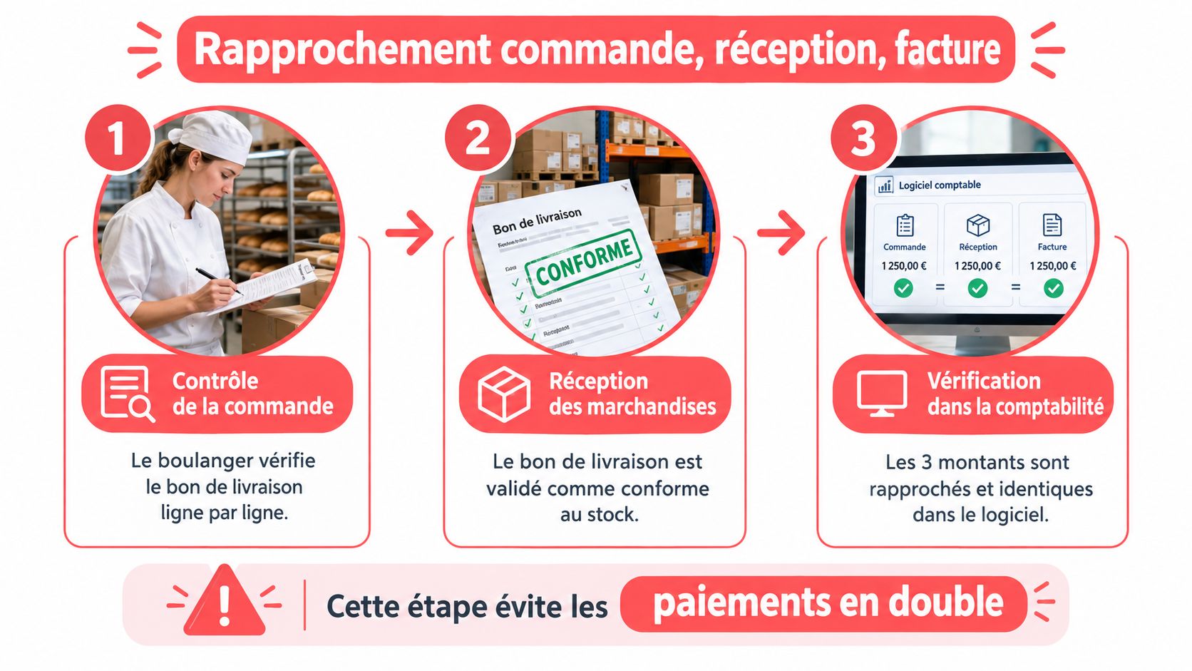 Illustration du processus de rapprochement comptable entre la commande, la réception des marchandises et la facture fournisseur.