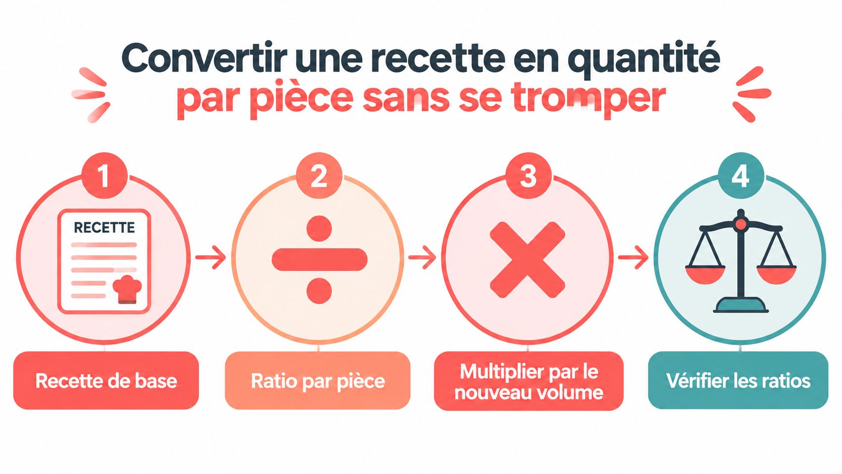 Une infographie en quatre étapes expliquant comment convertir une recette culinaire pour obtenir les bonnes quantités par pièce.