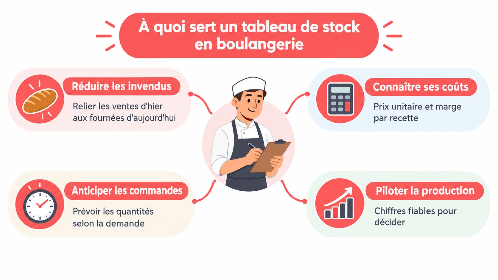 Une infographie montrant les avantages de tenir un tableau de stock pour une boulangerie professionnelle.