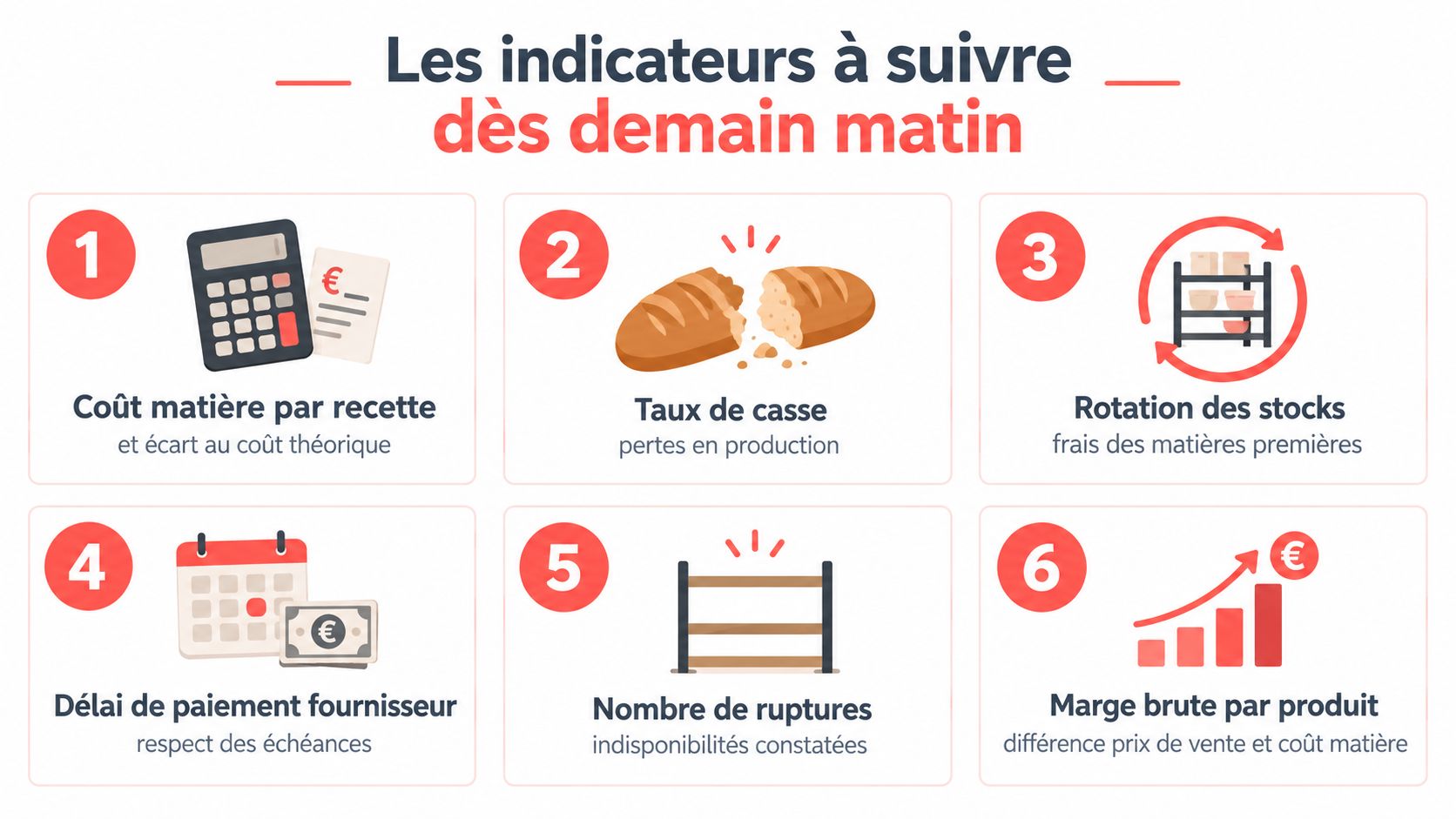 Infographie illustrant six indicateurs clés de performance essentiels pour une gestion efficace des achats en entreprise.