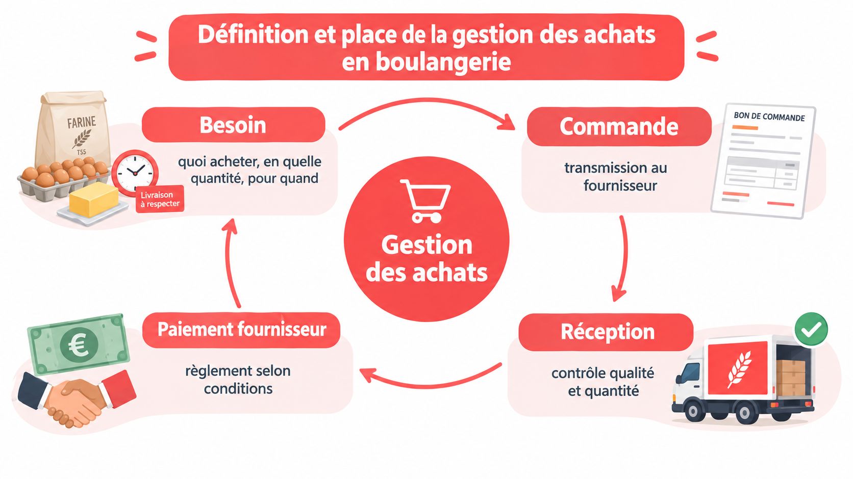 Schéma illustrant le processus de gestion des achats en boulangerie, du besoin au paiement du fournisseur.