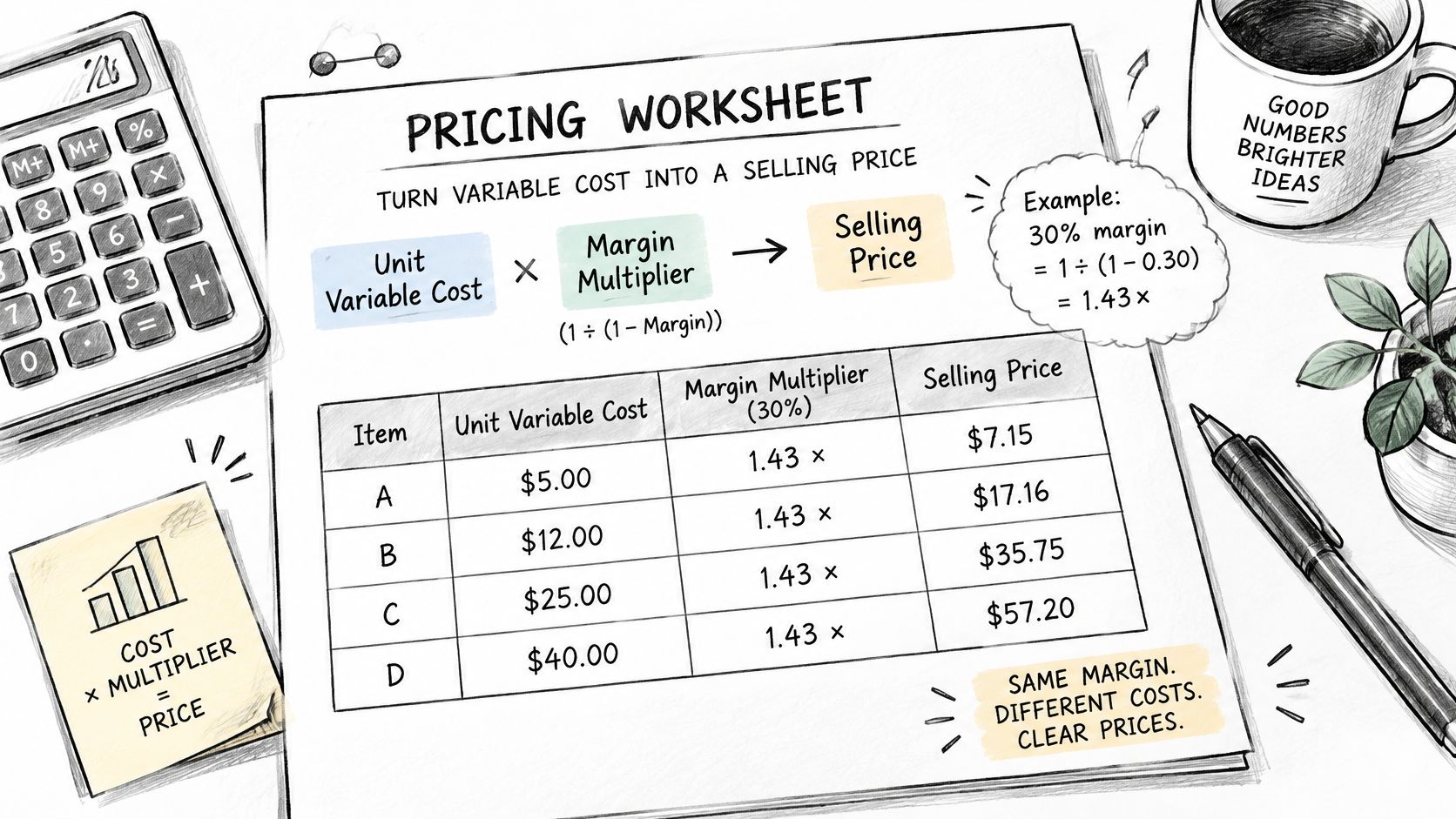 Une feuille de travail illustrée montrant comment calculer le prix de vente à partir du coût variable unitaire.