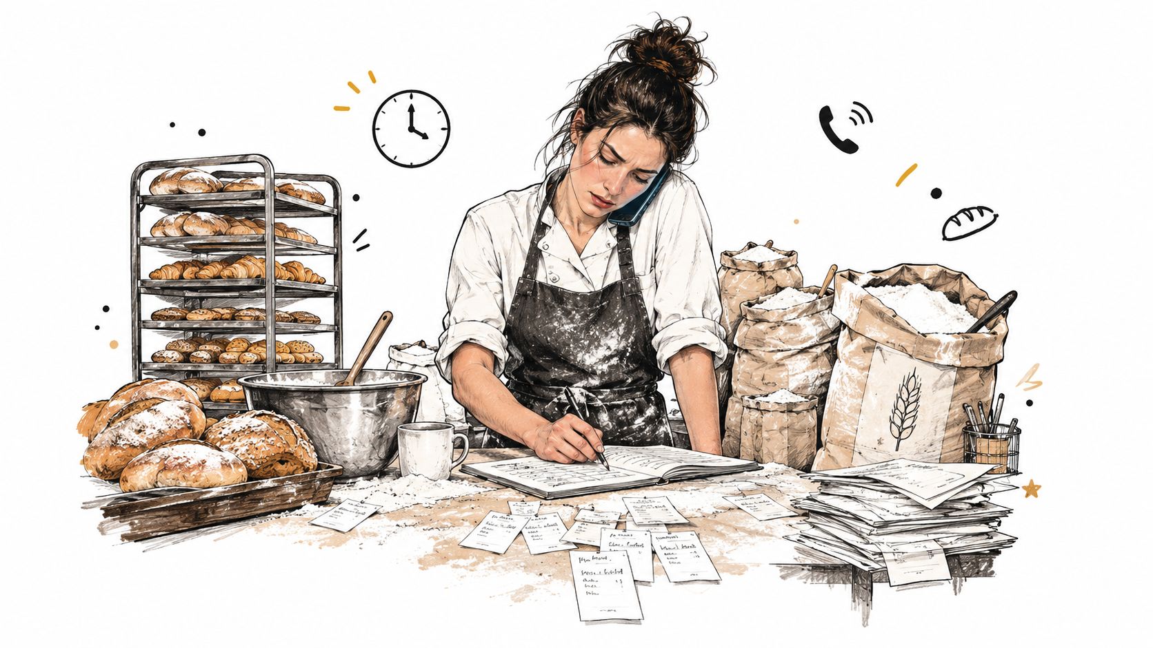 Une boulangère organisée prend des commandes au téléphone tout en écrivant dans un carnet dans sa boulangerie artisanale.