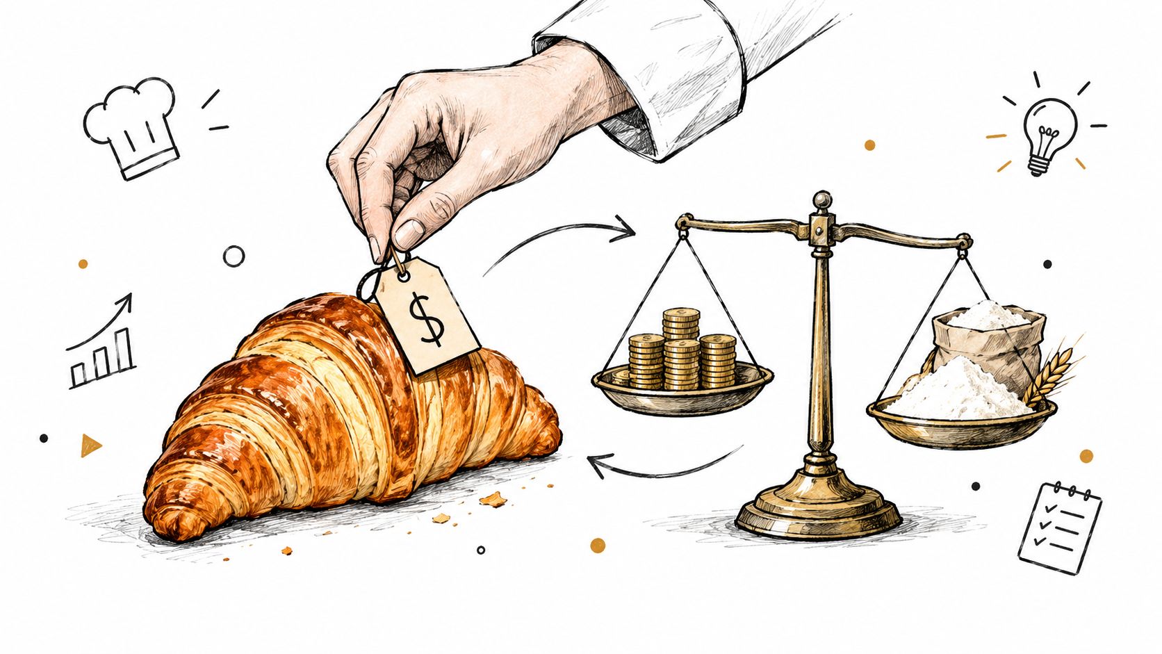 Une main tient une étiquette de prix sur un croissant, illustrant l'équilibre entre les coûts et les profits.