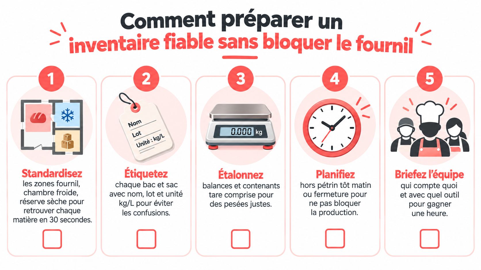 Infographie illustrant cinq étapes clés pour réaliser un inventaire efficace des matières premières dans une boulangerie.