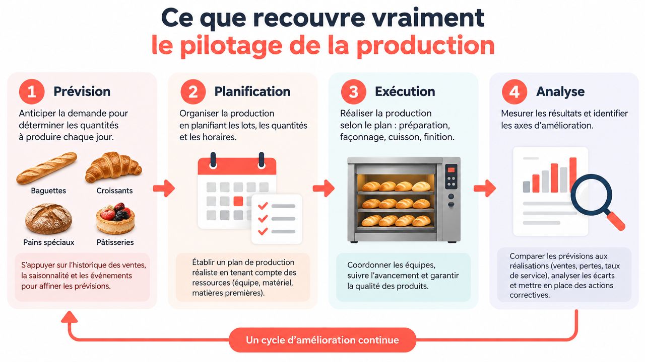 Schéma explicatif en quatre étapes illustrant le processus de pilotage de la production dans une boulangerie artisanale.