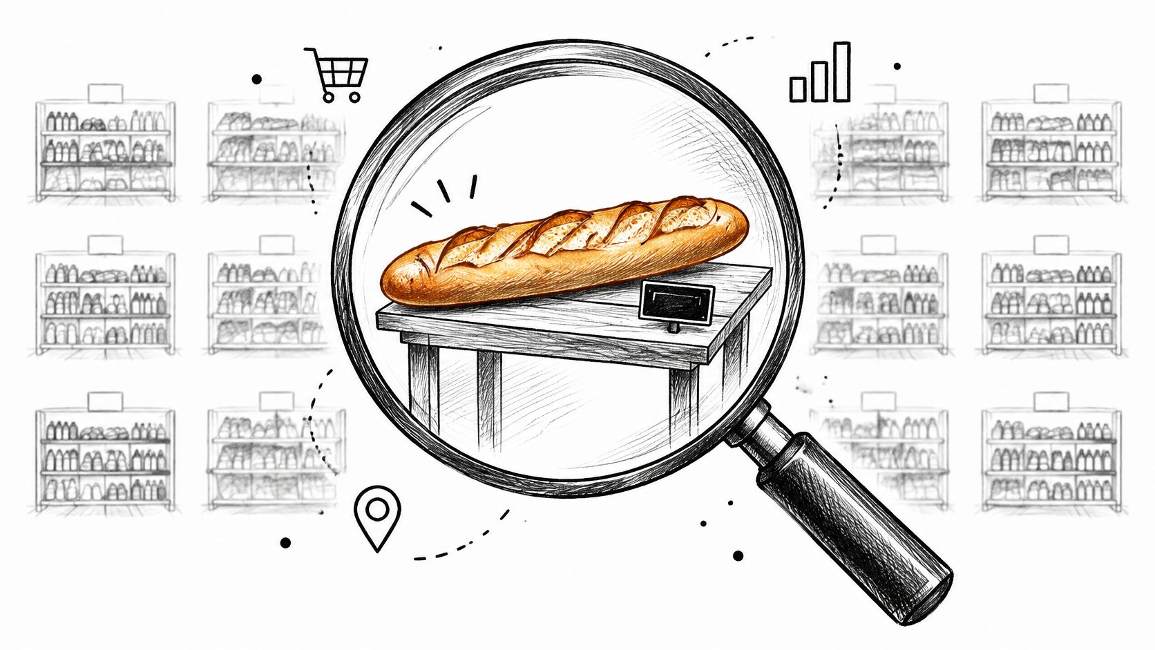 Une loupe examine une baguette sur une table avec des étagères de magasin en arrière-plan.