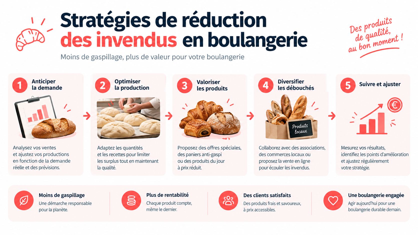 Infographie présentant cinq étapes stratégiques pour réduire les invendus et le gaspillage dans une boulangerie artisanale.