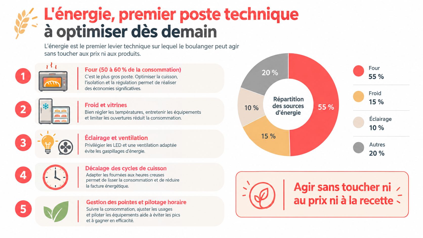 Infographie illustrant les cinq leviers pour optimiser la consommation énergétique dans une boulangerie pâtisserie artisanale.