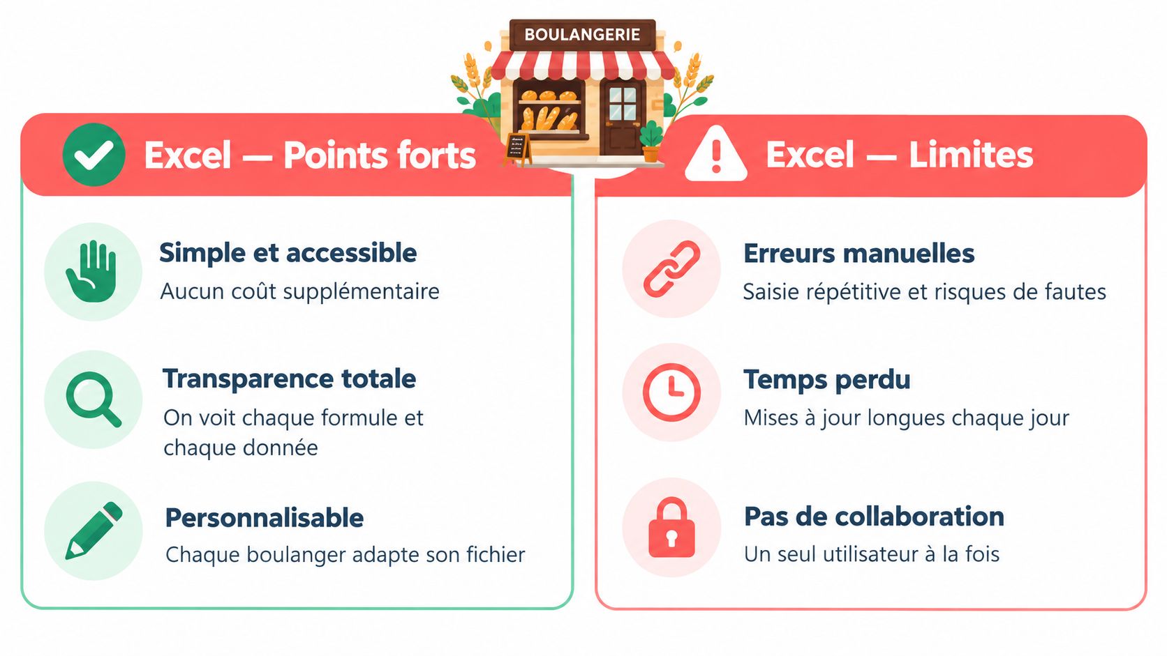 Tableau comparatif illustrant les avantages et les limites de la gestion de stock via Excel pour boulangerie.