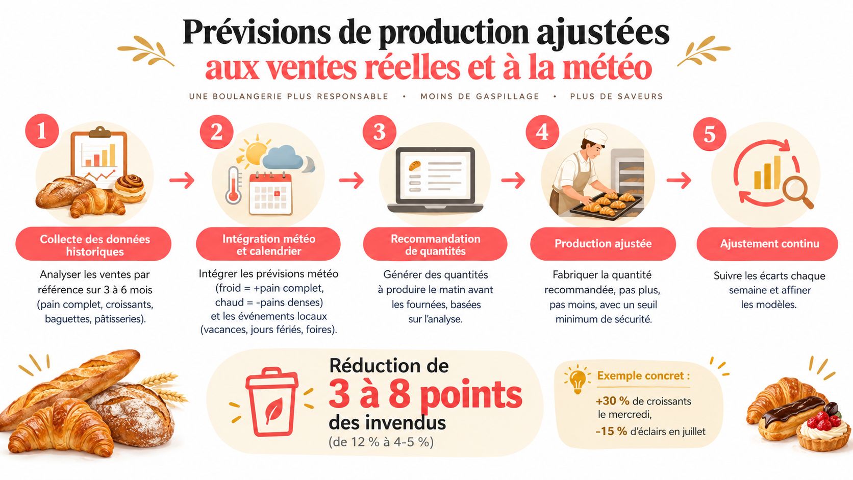 Infographie illustrant cinq étapes pour optimiser la production boulangère en réduisant le gaspillage alimentaire grâce aux prévisions.