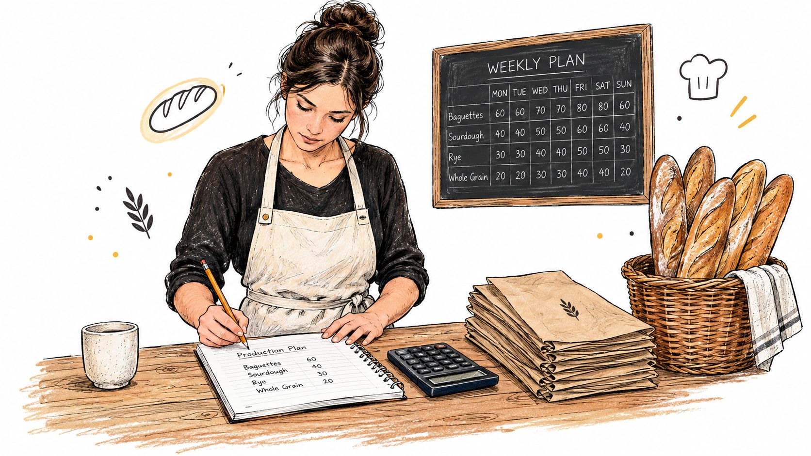 Une boulangère organisant son plan de production hebdomadaire avec un carnet, une calculatrice et des baguettes fraîches.