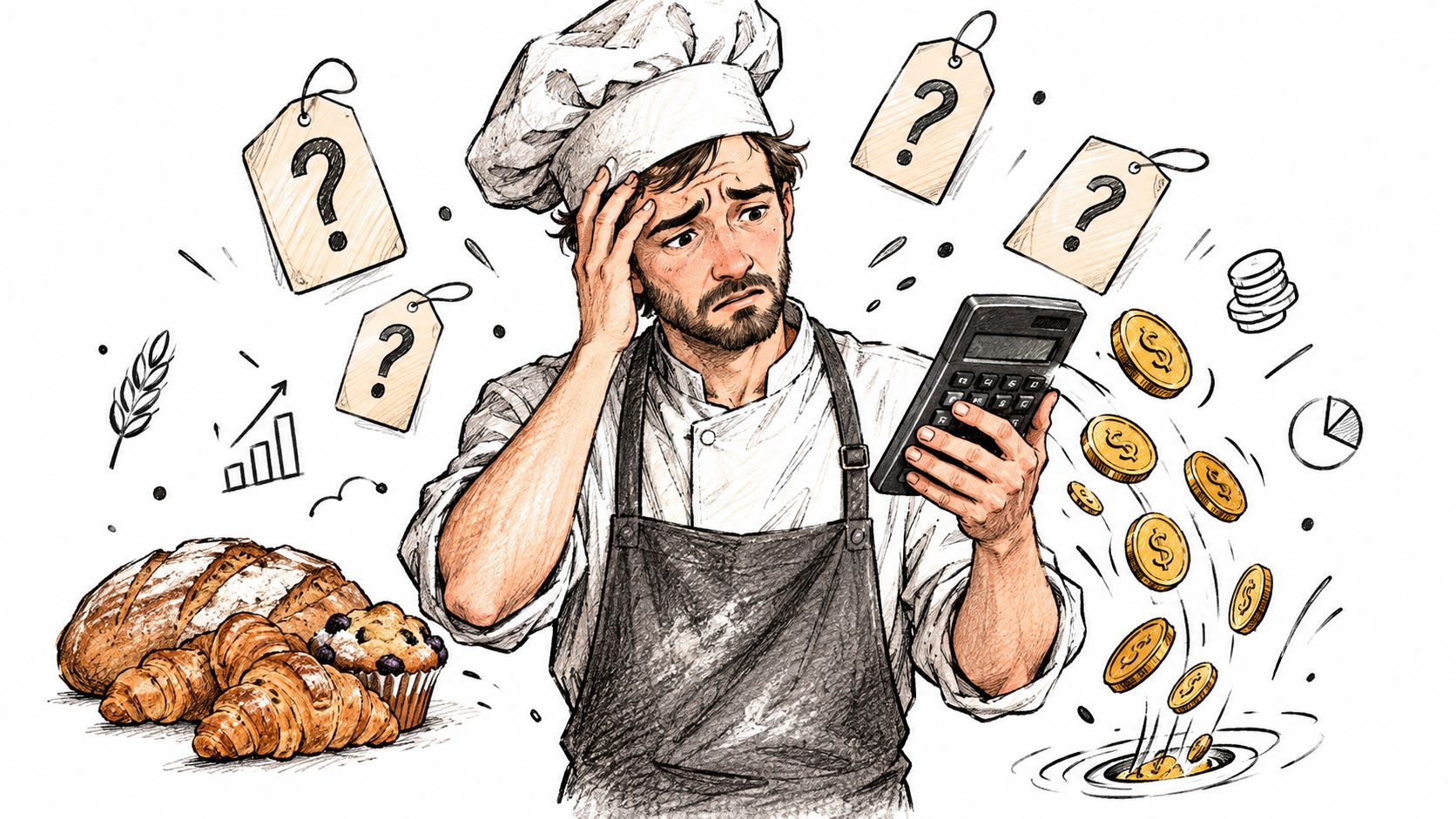 Un chef pâtissier inquiet utilisant une calculatrice pour gérer les coûts de production de ses produits alimentaires.