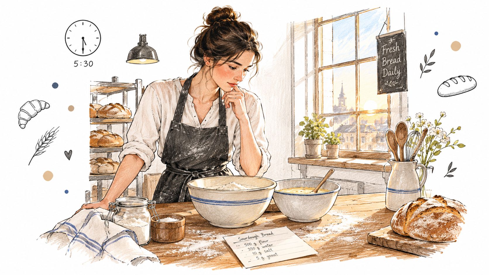 Une boulangère passionnée préparant de la pâte à pain avec une recette sur sa table de cuisine.