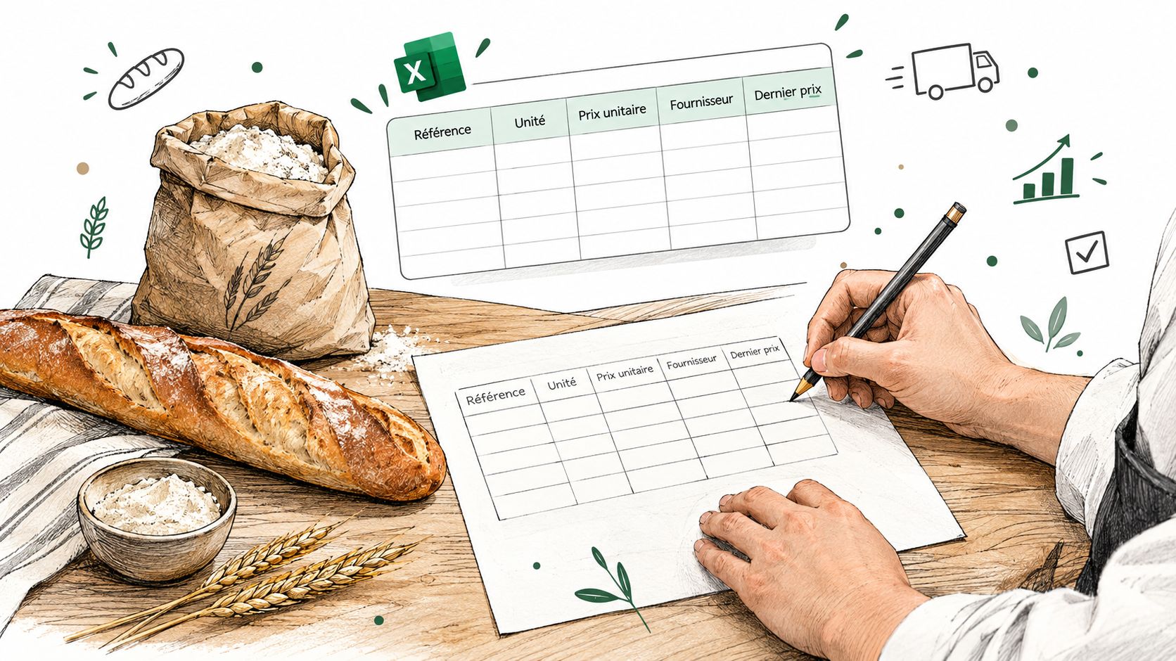 Une main remplissant un tableau de gestion des stocks près d'un sac de farine et de pain.
