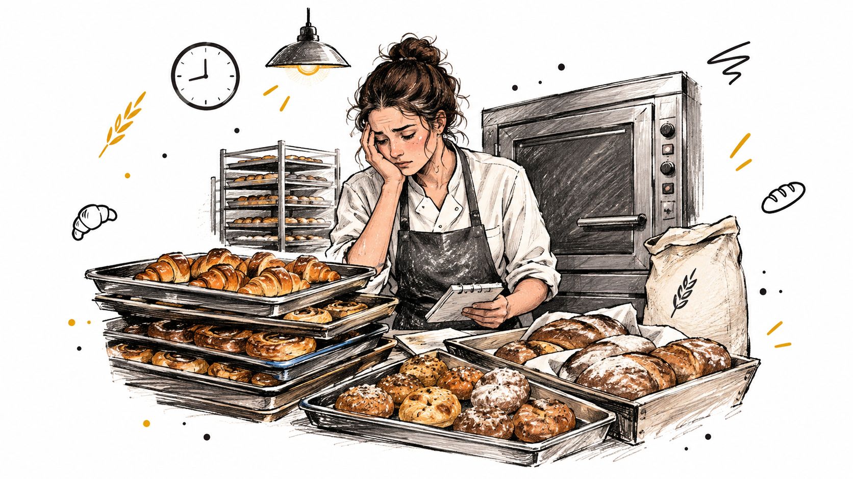 Une boulangère stressée note des commandes devant des plateaux de viennoiseries et de pains fraîchement sortis du four.