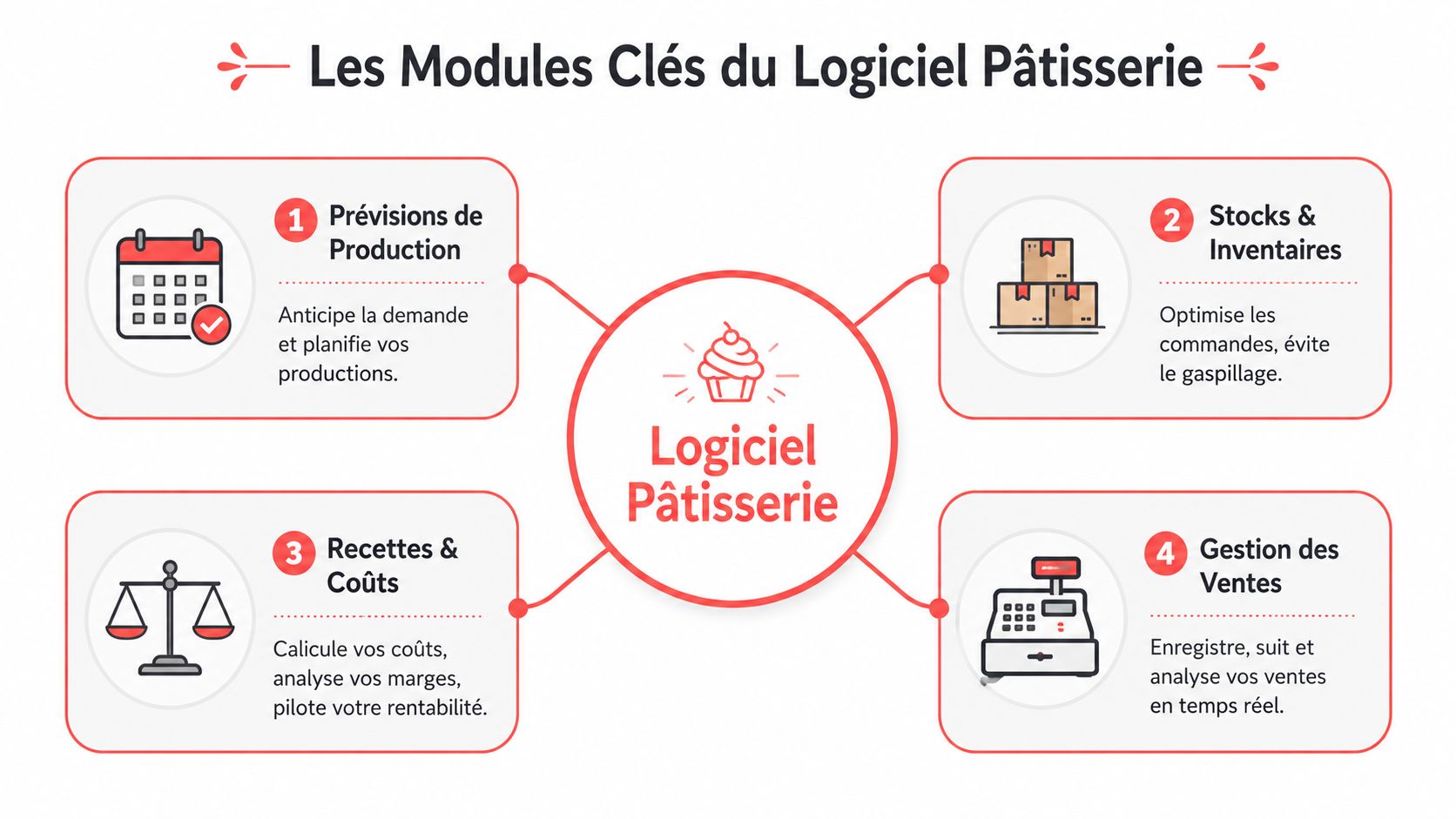 Infographie présentant les quatre modules essentiels d'un logiciel de gestion pour les entreprises de pâtisserie professionnelle.