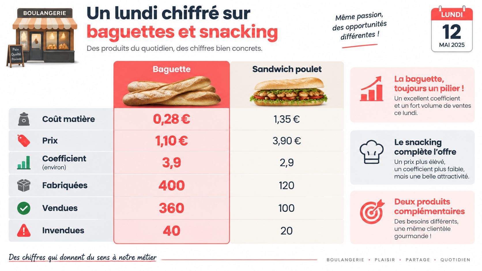 Tableau de bord illustrant les chiffres de vente de baguettes et de sandwichs pour une boulangerie.