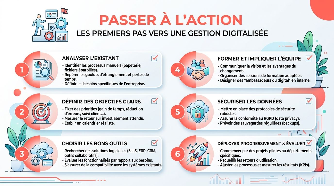 Infographie présentant six étapes clés pour réussir la transformation digitale et la gestion informatisée d'une entreprise.
