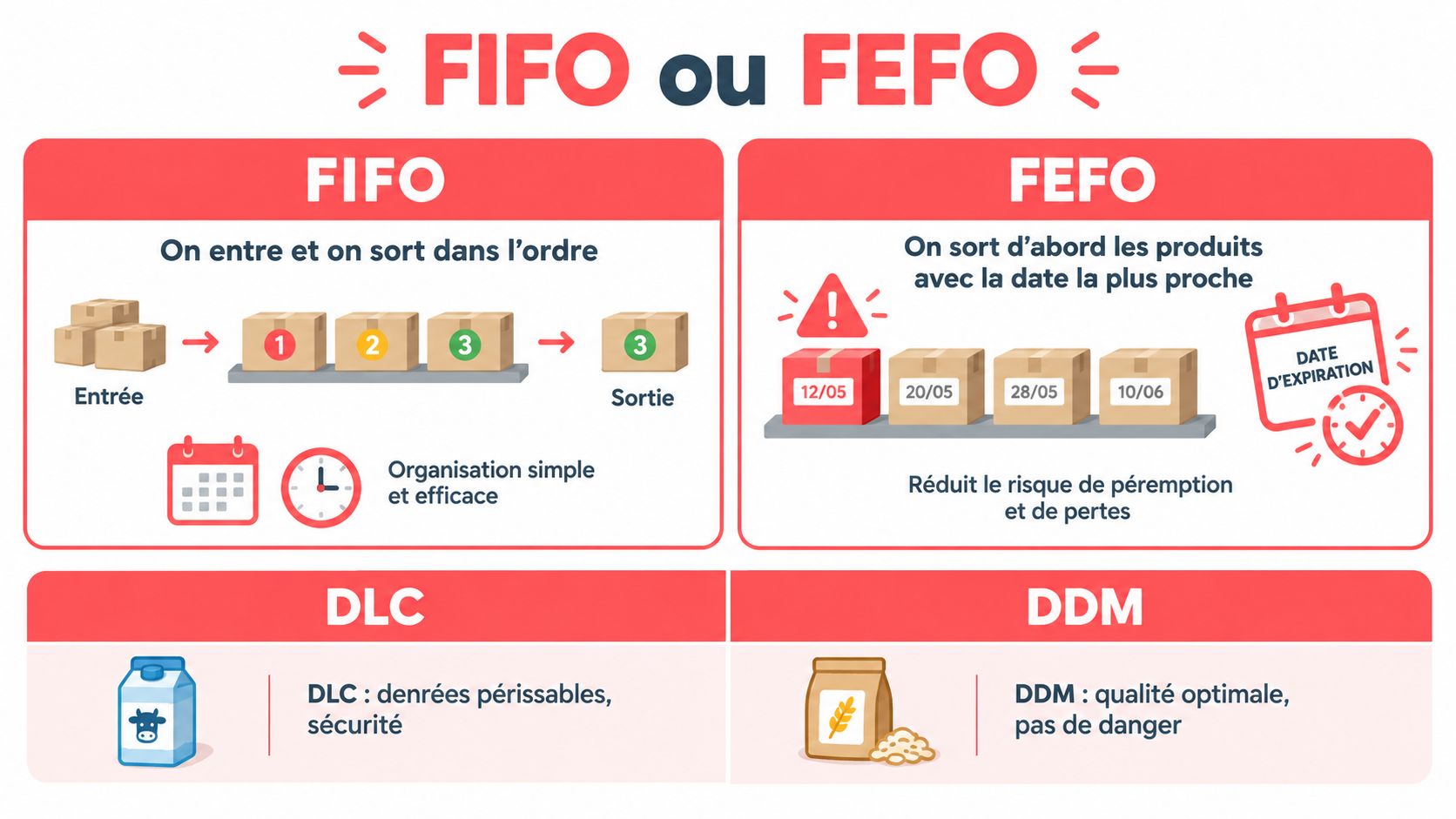 Infographie expliquant les différences entre les méthodes de gestion des stocks FIFO, FEFO, DLC et DDM.