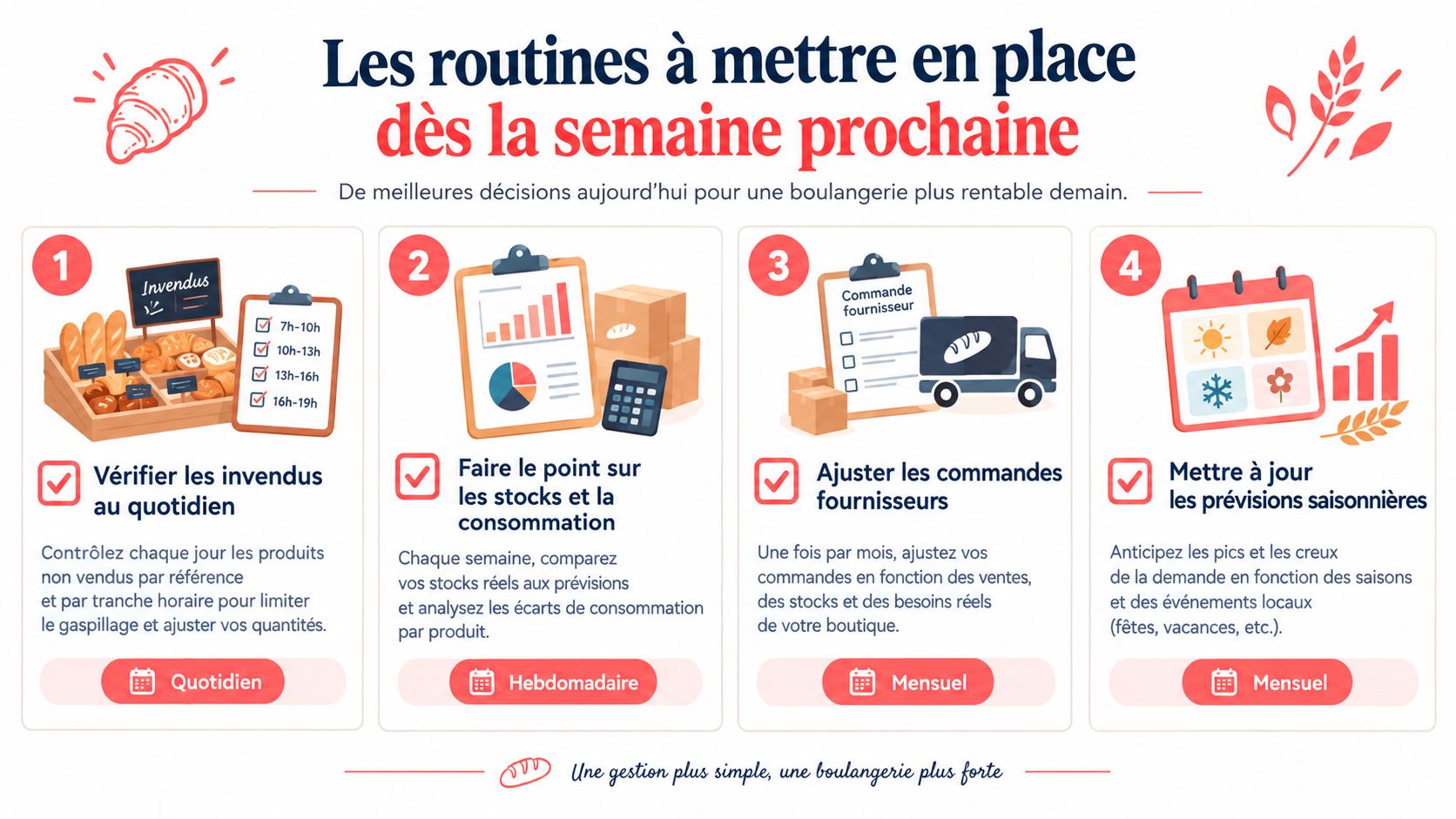 Une infographie présentant quatre routines essentielles pour optimiser la gestion et la rentabilité d'une boulangerie.