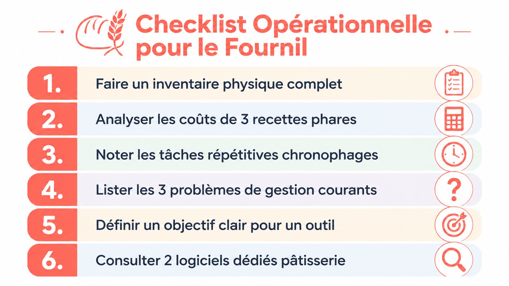 Une liste de contrôle opérationnelle illustrée avec six étapes clés pour la gestion efficace d'une boulangerie ou pâtisserie.