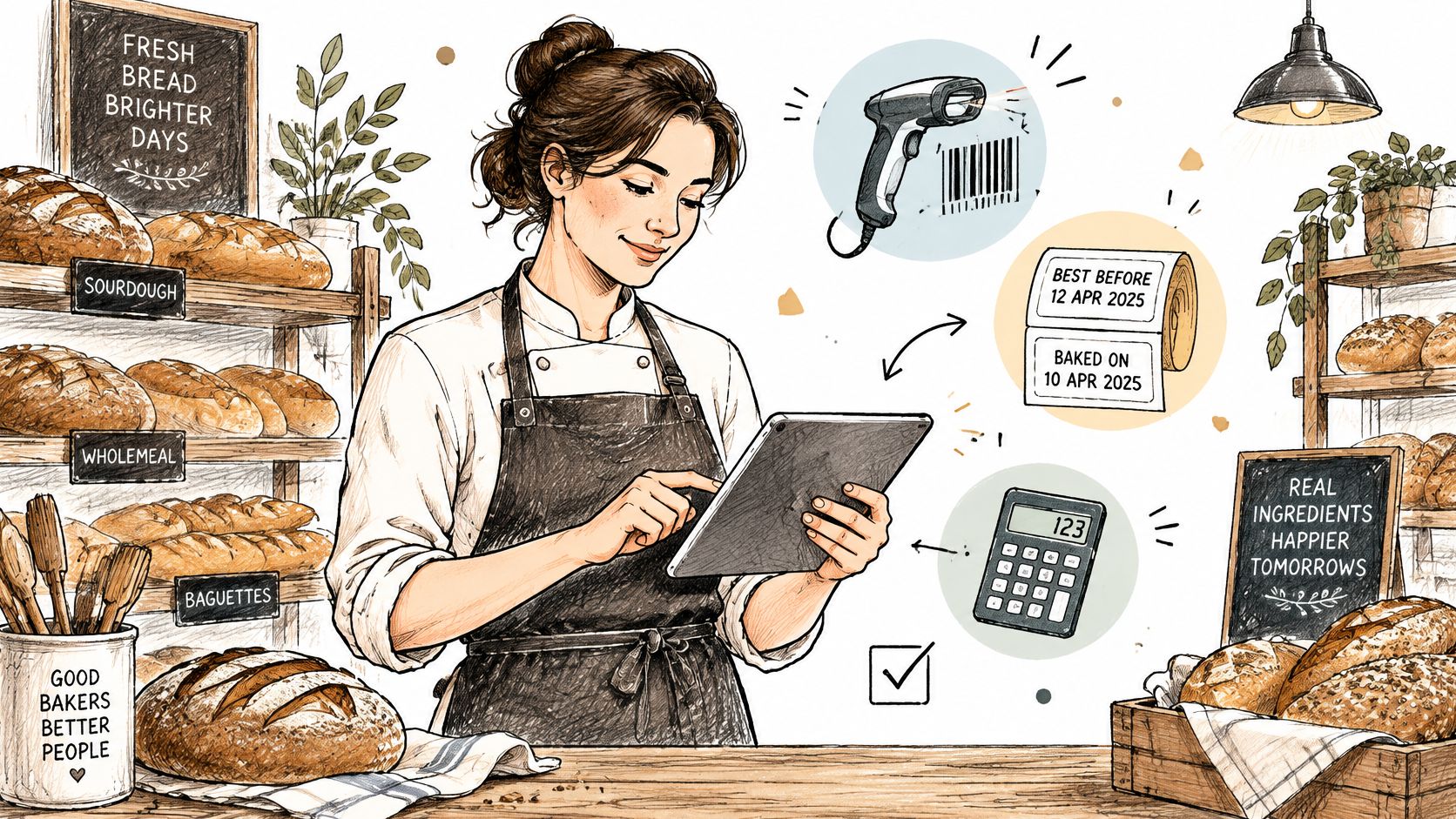 Une boulangère utilisant une tablette numérique pour gérer ses stocks avec des outils de calcul et d'inventaire.