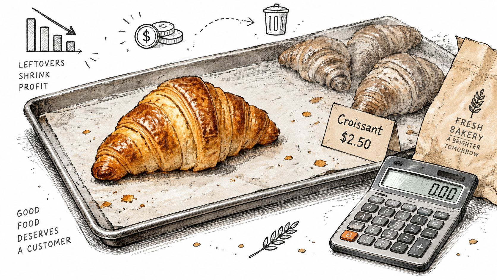 Croissants frais sur un plateau de boulangerie avec une calculatrice illustrant la gestion des pertes alimentaires.