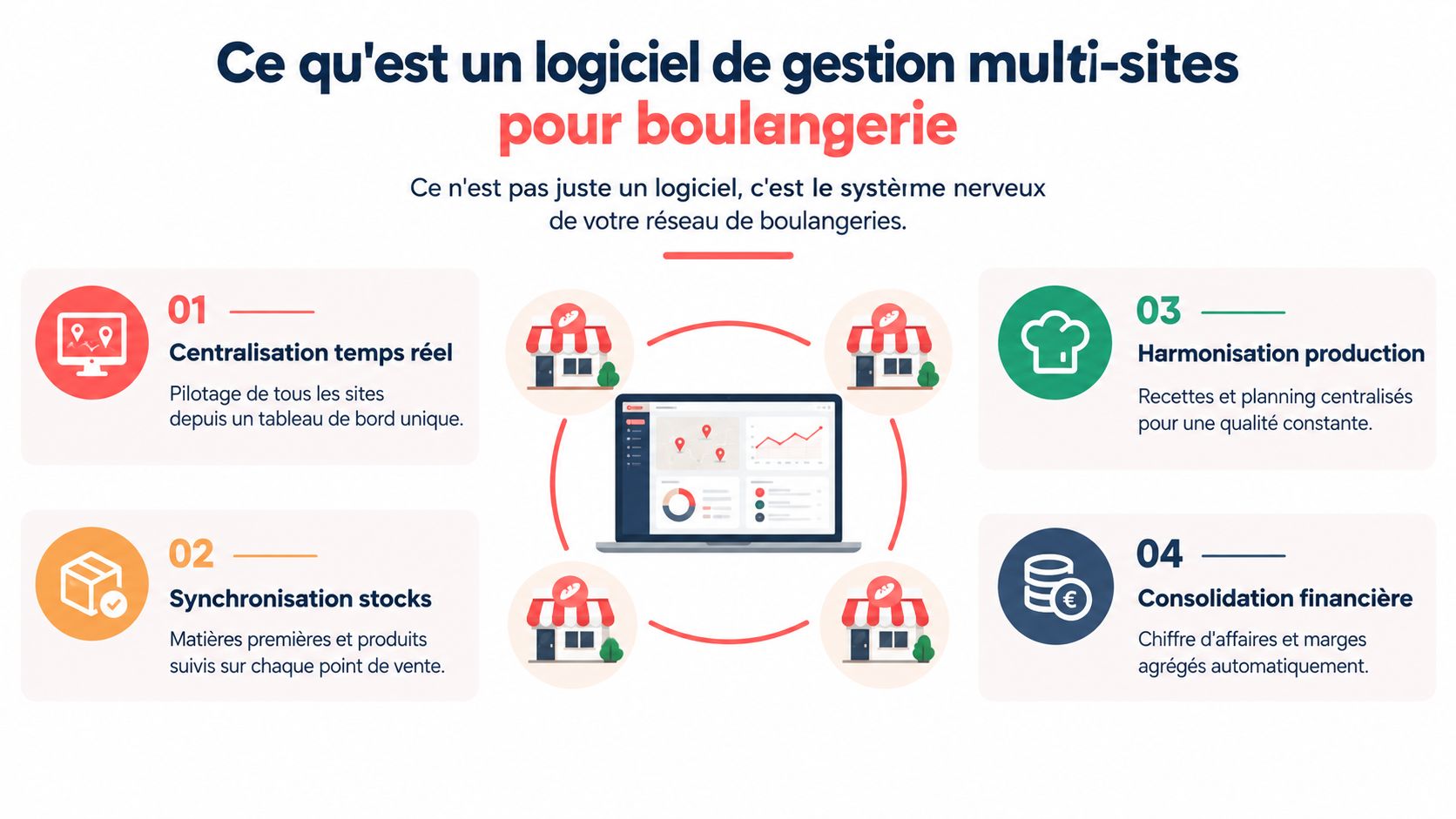 Infographie présentant les avantages d'un logiciel de gestion multi-sites pour un réseau de boulangeries connectées.